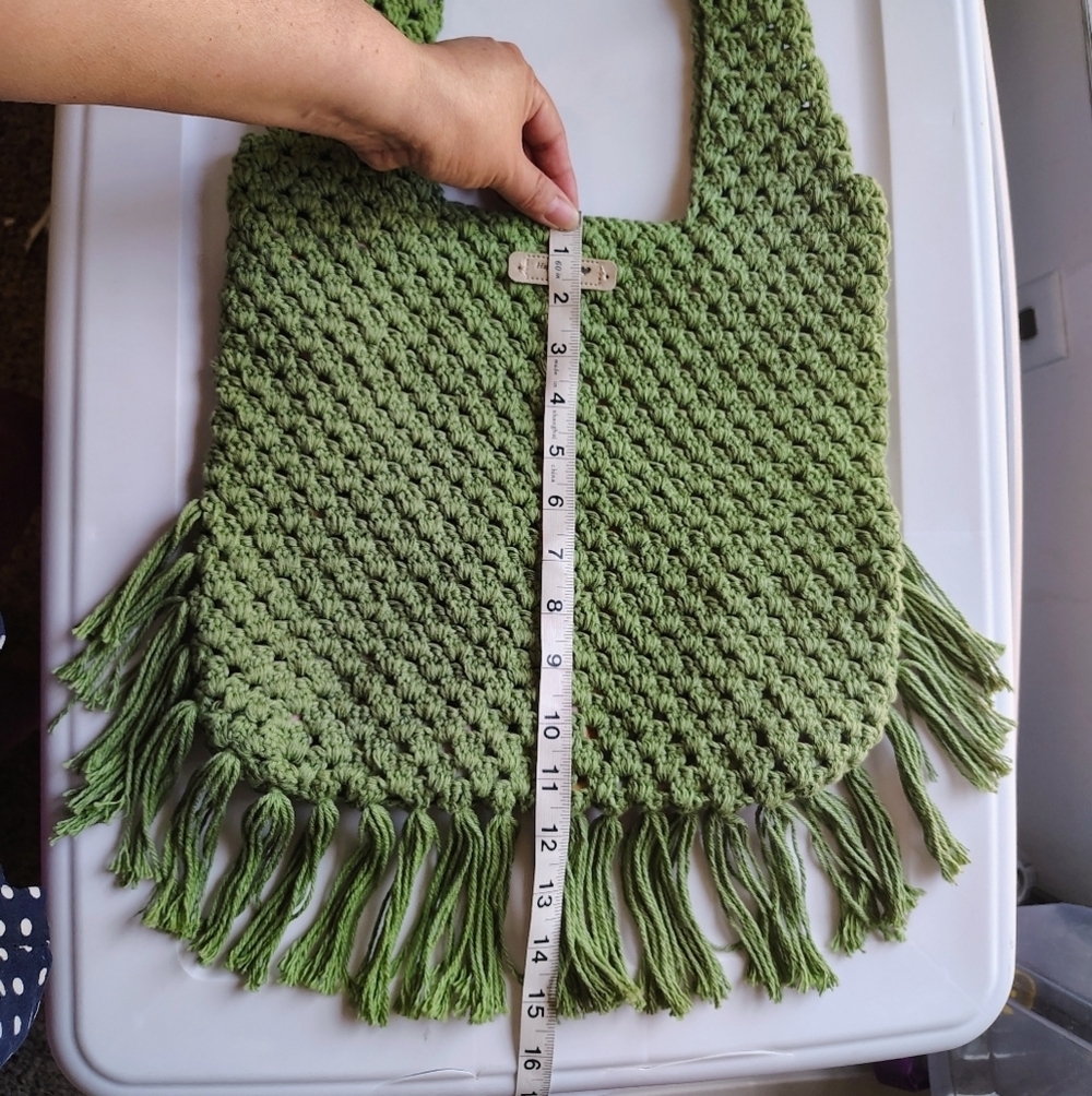 NWOT Handmade Tote Shoulder Bag Boho Chic Crochet Olive Green, Lightweight. - Picture 7 of 16